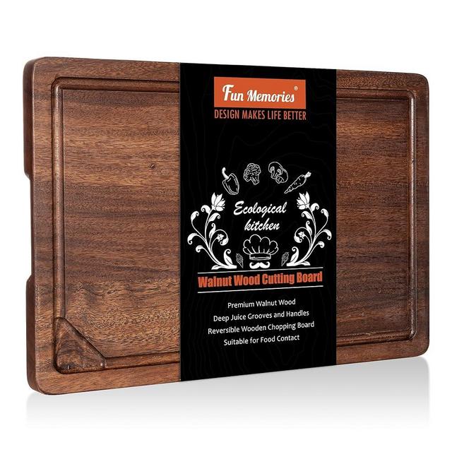 Fun Memories Black Walnut Cutting Board for Kitchen, Reversible Large Butcher Block Board, Large Wood Cutting Board Carving Board with Juice Groove & Concealed Handlers, 15"x10" (Gift Box)