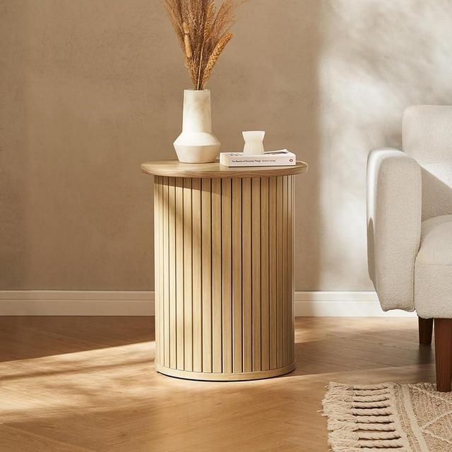 mopio Quin Pedestal Side Table, Tambour Round Fluted End Table, Small Accent Table for Living Room, Mid Century Modern Night Stand, Circle Bedside Table, Wood Nightstands for Bedroom (Oak)