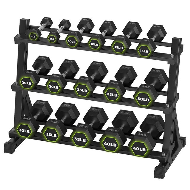 HANDBODE Hex Dumbbell Set with Rack, 300-840 lb Rubber Coated Fixed Weights Sets with Heavy Duty Storage Stand, Hexagon Shape, Multiple Weight Options Home Gym Equipment for Strength Training