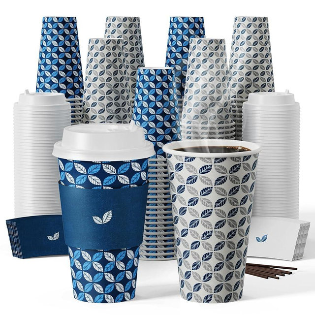 JOLLY CHEF 16 oz Coffee Cups with Lids 100 Pack, Disposable Hot Paper Coffee Cups with Lids, Sleeves and Stirrers for Christmas, Thanksgiving, Party