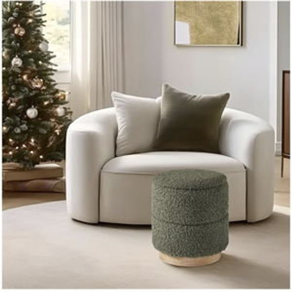 (GREEN) Round Ottoman with Storage, Modern Boucle Ottoman Upholstered Foot Stool with Wood Base, Vanity Stool Chair, Footrest Extra Seat for Living Room Bedroom Entryway (Olive Green)