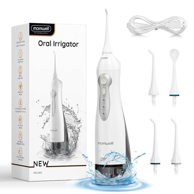 Water Flosser Cordless, Mornwell Water Flossers for Teeth - 300ML Tank and 4 Jet Tips, 3 Modes Portable Dental Oral Irrigator, Braces Care, Rechargeable Waterproof Portable Water Flosser, White