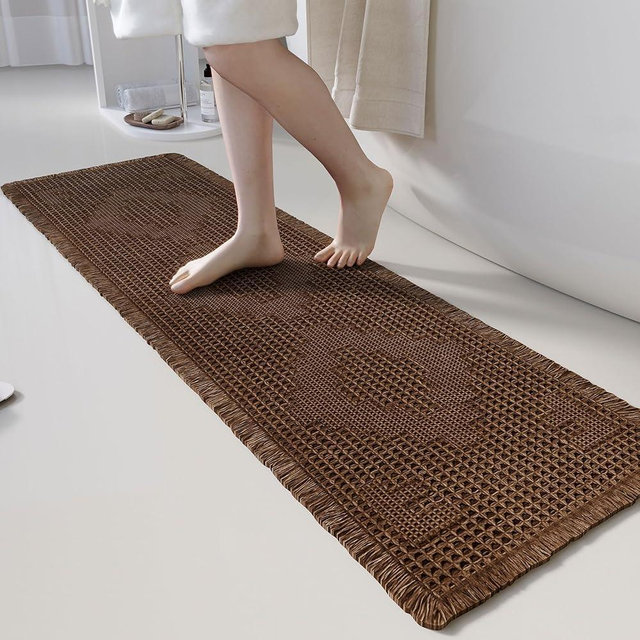 LUFEIJIASHI Non Slip Bath Mats for Bathroom Soft Absorbent Boho Bathroom Rugs with Tassels Waffle Bath Mat Machine Washable Dark Brown, 1'6" x 4'