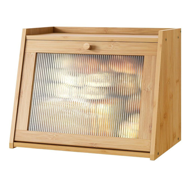 kiplant Large Bread Box for Kitchen Counter, Bamboo Bread Storage Container with Wavy Arcylic Transparent Door, Bamboo Wooden Farmhouse Bread Box for Your House