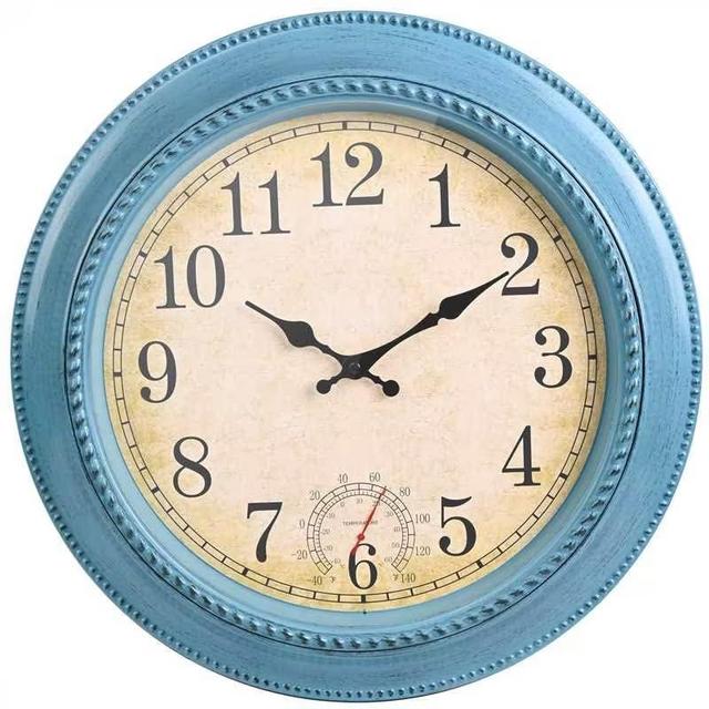 Outdoor Clock 18 Inch Large Wall Clocks with Thermometer for Patio Pool Garden (Blue)