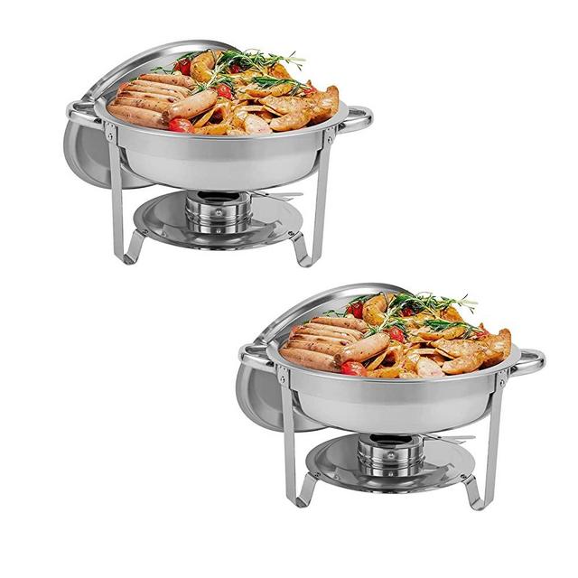 Restlrious 2 Packs Round Chafing Dishes Stainless Steel Foldable Chafers and Buffet Warmers Sets w/Water Pan, Food Pan, Fuel Holder and Lid 5 QT