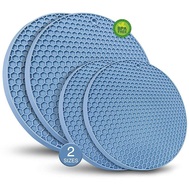 Silicone Trivet Mats - Walfos Heat Resistant Pot Holders Set, 4pcs 2 Sizes 7 Inch & 9 Inch, Multipurpose Non-Slip Hot Pads for Hot Pot, Hot Dishers, Jar Opener, Food Grade & BPA Free (Nordic Blue