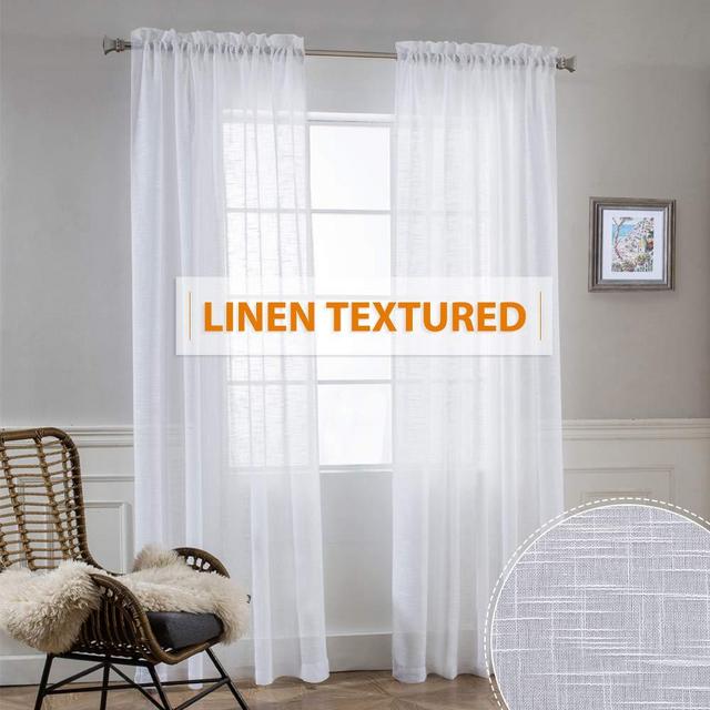RYB HOME White Sheer Curtains 84 inches Long - Bedroom Window Decor Privacy Semi Sheer Linen Textured Fabric Sunlight Filtering for Living Room Sliding Glass Door Dining, W 52 x L 84 inch, 1 Pair