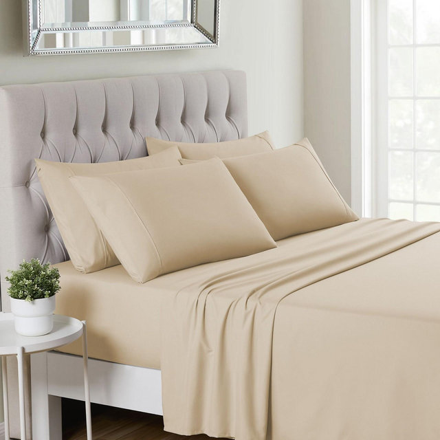Split King 7 Piece Sheet Set, Deluxe Ultra Soft 1500 Series, Double Brushed Microfiber - Beige
