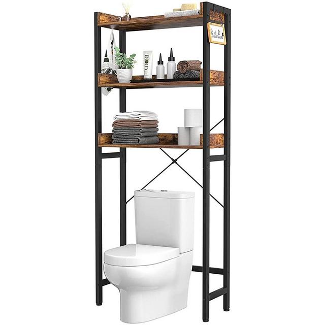 Ecoprsio Over-The-Toilet Storage Rack, 3-Tier Bathroom Organizer Shelf Over Toilet, Freestanding Space Saver Toilet Stands with 4 Hooks, Rustic Brown