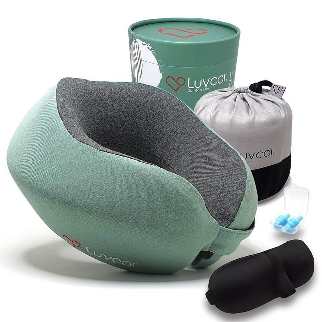Luvcor Premium Quality Memory Foam Travel Neck Pillow Bundle - Best Ergonomic Pillow for Airplane Travel, car Ride, Sleeping. Comes with Eye mask, earplugs and Storage Bag. (Imperial Green)