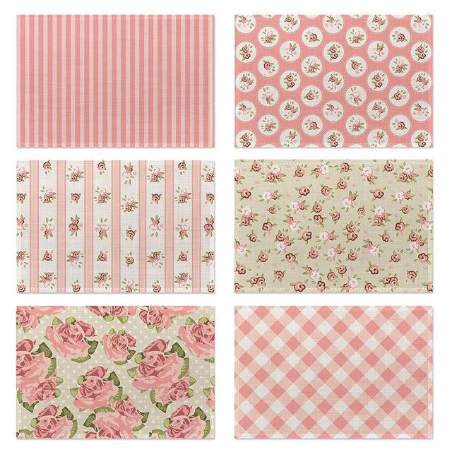 Spring Shabby Chic Placemats Set of 6,Washable Heat Resistant 12×18 Inch Linen Table Mats Rose Place Mats for Party Outdoor Dining Décor