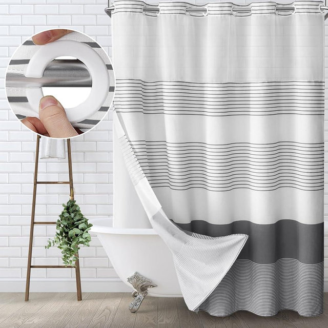 Awellife No Hook Shower Curtain with Snap in Liner Set Cotton and Linen Blend Shower Curtain for Bathroom Boho Dark Grey Striped (No Hook-Dark Grey, 81" L x 72" W)