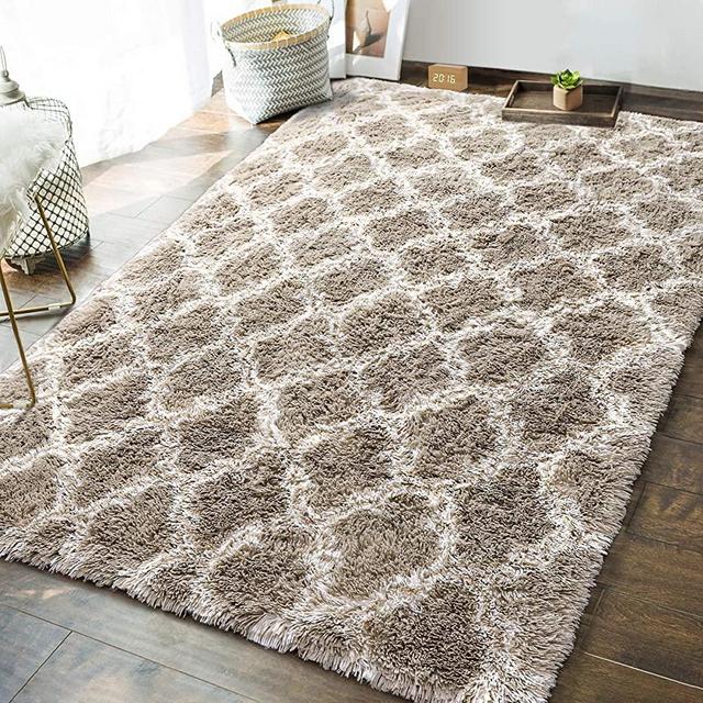 Andecor Geometric Bedroom Rugs - 5 x 8 Feet Shaggy Area Rug Mordern Indoors for Living Room Girls Boys Kids Room Dorm Nursery Home Holiday Decor Floor Carpet, Camel & White