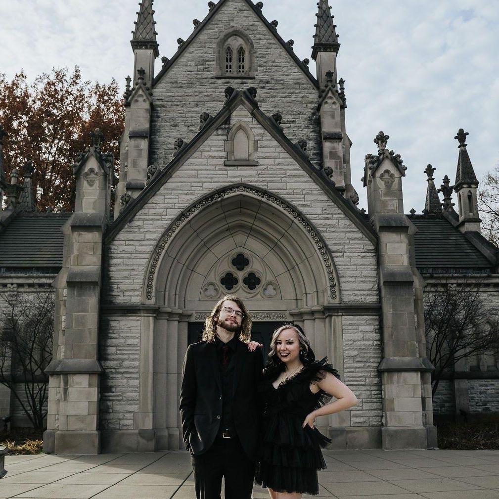 Engagement photos at Crown Hill Cemetery Gothic Chapel