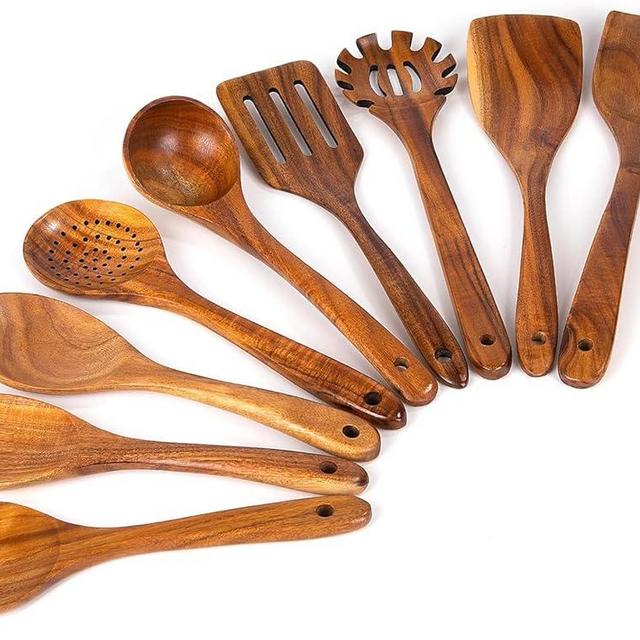 9Pcs Wooden Cooking Utensils, Wooden Spoons for Cooking, Teak Wood Kitchen Utensil Set