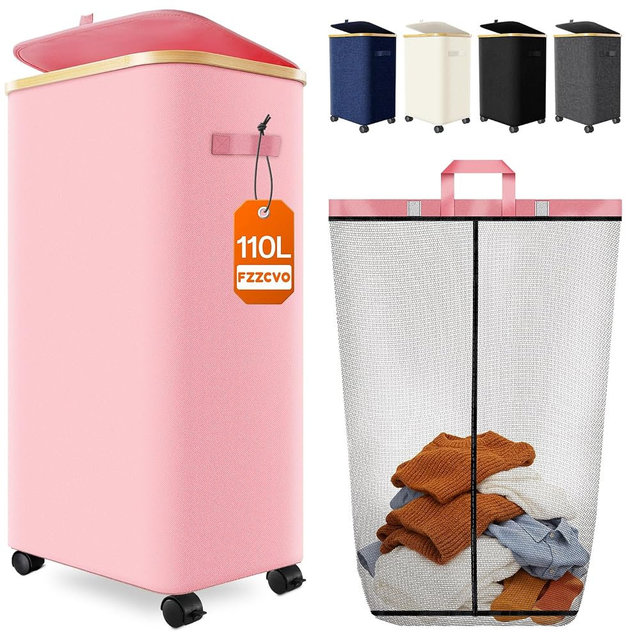 Laundry Hamper with Wheels, 110L Large Clothes Hamper with Removable Inner Bag, Collapsible Dirty Clothes Basket for Dorm, Rolling Dirty Clothes Basket for, Bedroom, Bathroom, Laundry Room