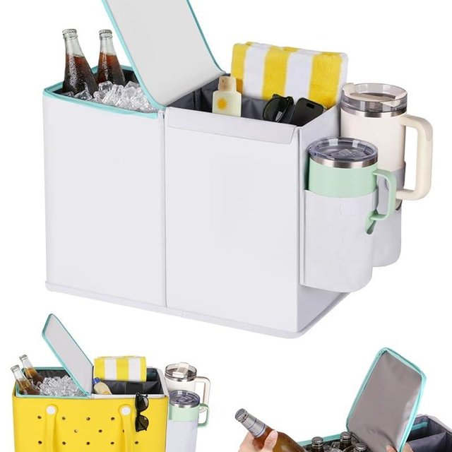 Cooler Organizer Insert for Bogg Bag Original/X-Large, Zippered Insulated Cooler Compartment, Divided Open Storage with Removable Divider, Double Cup Holder for Stanley 30–40oz