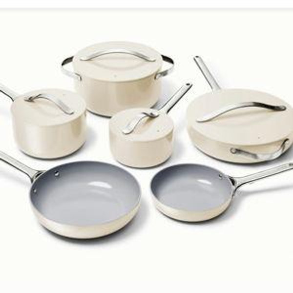 16 Piece Cream Ceramic Cookware & Minis Set | Nonstick Pots & Pans Set | Non-Toxic | Caraway