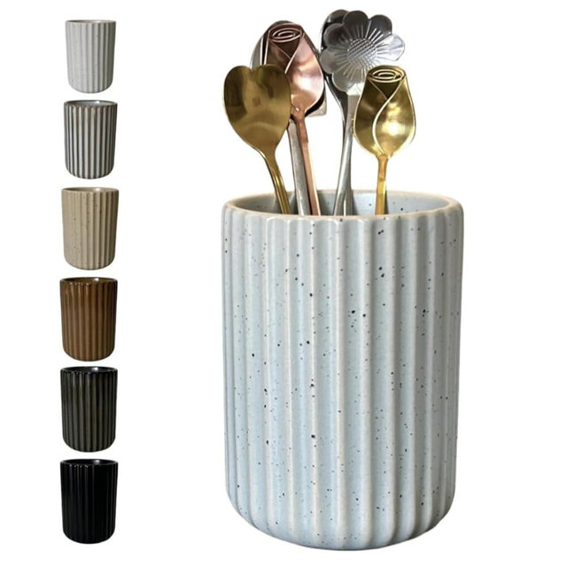 TOPYOKK Stoneware Coffee Bar Utensil Holder Tea & Coffee Spoon & Stirrer Holder for Stir Stick Straw Teaspoon Holder Spoon Cup Small Utensil Jar Fluted Vertical Stripe (Blue Grey)