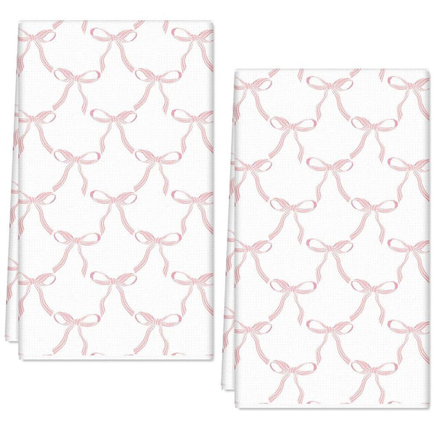 JarThenaAMCS 2Pcs Pink Bow Kitchen Towel Waffle Dish Towels 18 x 28 Inch Hand Drying Tea Towel for Cooking Baking Cleaning