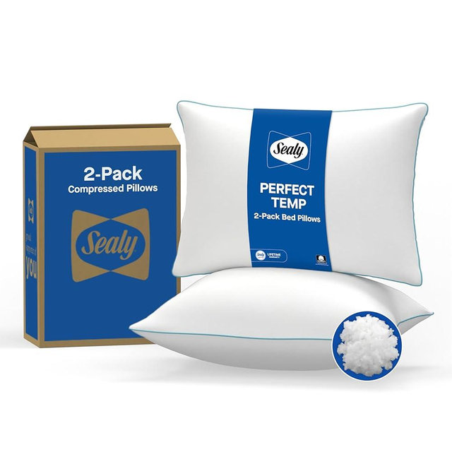 SEALY Perfect Temp Bed Pillows, Plush 100% Cotton Cover, Soft, Breathable, Temperature Balancing, Moisture Wicking, Hypoallergenic EverFluff Fiberfill, Machine Washable, Standard/Queen, White- 2 Pack