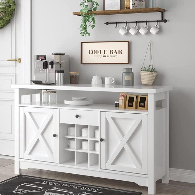 Modern Coffee Bar Cabinet, 47” Kitchen Buffet Storage Cabinet Sideboard Buffet Barn Door Drawer Open Shelf for Kitchen, Dining Room, Living Room 47" x 16" x 32"(White)
