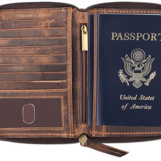 Passport Wallet - Travel Document Holder w/RFID Blocking – Full Grain Leather – Bifold compact zip around Wallet with Credit Card Slots for Women and Men,distressed brown,500-30