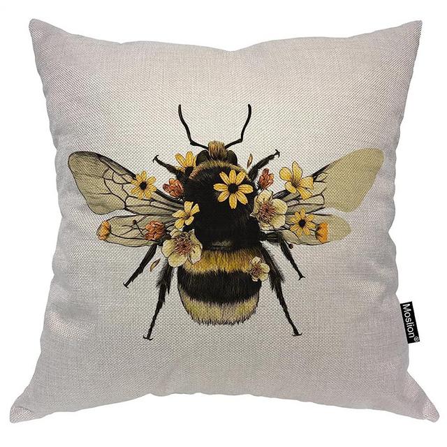 Moslion Bee Pillowcases 18x18 Inch Animal Insect Bug Bee with Wings Yellow Flower Throw Pillow Cover Case Cotton Linen Decorative Cushion for Couch Bed
