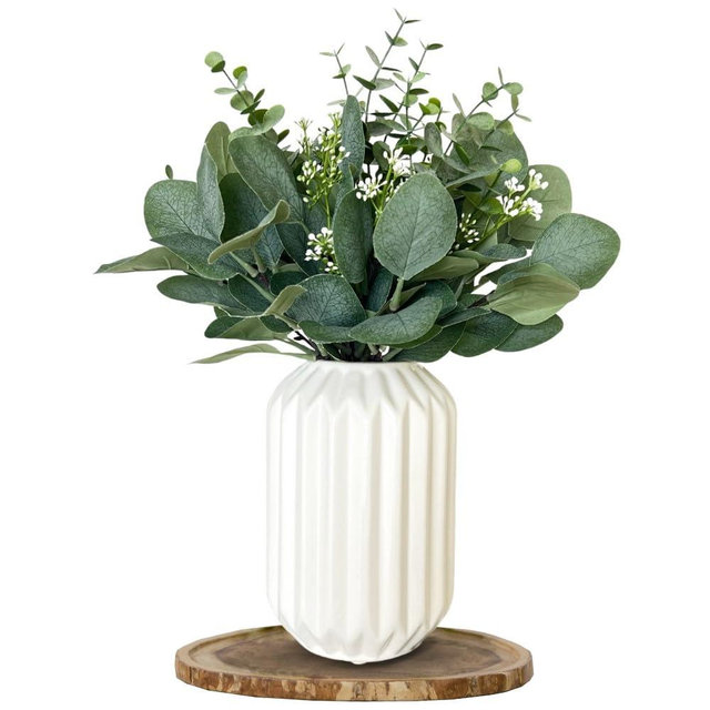 ROVALA Artificial Eucalyptus Decor in White Ceramic Vase Realistic Faux Plants Indoor Tabletop Fake Potted Plants Artificial Decor Fake Plants for Desk Office Small Faux Plants for Shelves Bathroom
