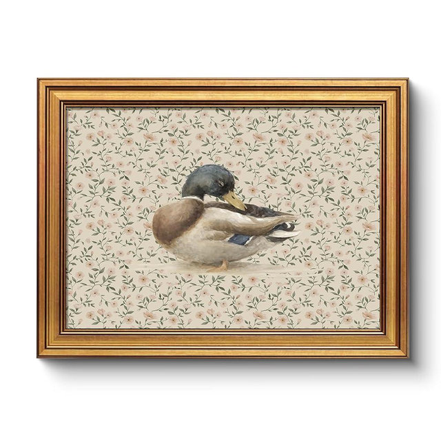 Vintage Gold Framed Mallard Duck Wall Art, 12x16 Inch Bird Painting Botanical Floral Pattern Canvas Print, Rustic Animal Artwork Living Room Bedroom Entryway Farmhouse Office Home Décor