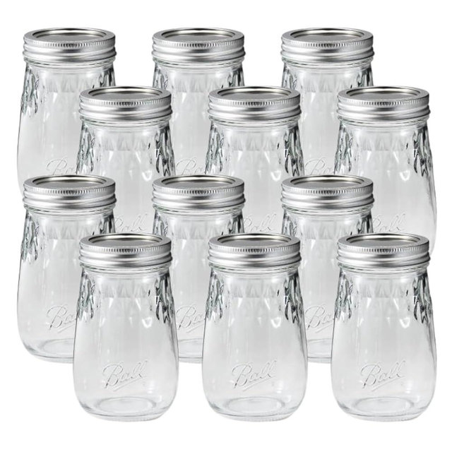 Ball Glass Flute Mason Jar, Regular Mouth, Pint Size, 16 OZ (Pack of 12)