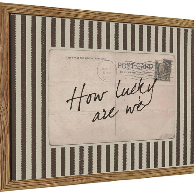 Framed How Lucky Are We Wall Art, Vintage Preppy Inspirational Canvas Wall Decor Painting, Funky Stripe Postcard Quote Poster Print Picture for Bedroom Dorm Apartment Decor 12x16 Inch