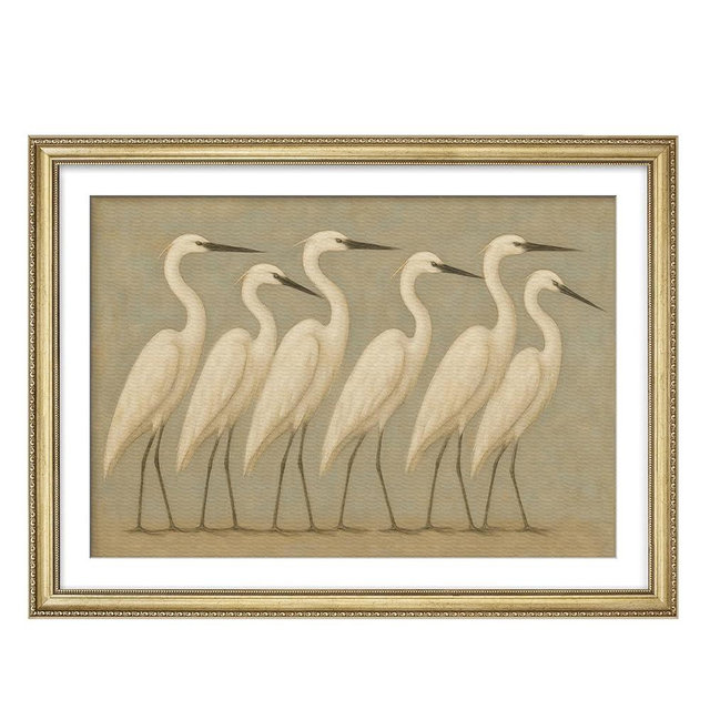 MUDECOR Premium Framed Wall Art White Cranes Lined Up Vintage-Inspired Bird Illustrations Impressionism Scenic Colorful for Living Room, Bedroom, Office - 26"x36" Gold