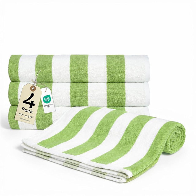 Salt Earth Cotton Striped Beach Cabana Towel, 4 Pack - 30"x60" Quick Dry Towels, Pool Essentials, Travel, Gym & Bathroom Towels, Oversized Beach Vacation Essentials, Pista Green