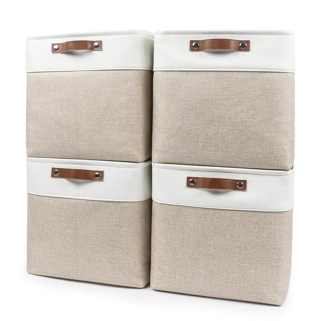 Bagnizer 13x13 Cube Storage Bins, Collapsible Fabric Storage Box, 4 Pack Closet Baskets with Handles for Organizing, Shelf, Toys, Clothes, Home, Office, Nursery (Beige&White)