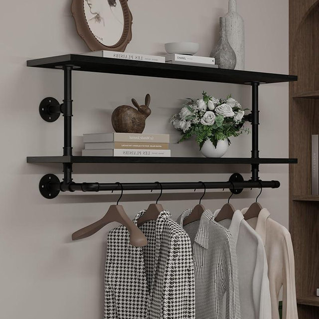 TEDIDUWA Black Clothes Rack 42in, 2-Tier Wall Mounted Garment Rack with Real Wood Shelf, Heavy Duty Hanging Clothes Rack, Multi-Purpose Hanging Rod, Space-Saving Closet Storage