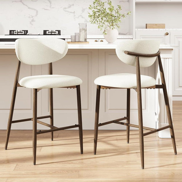 MALOL Upholstered Bar Stools Set of 2 with Back, Modern Counter Height Stools with Breathable Fabric & Steel Cross Base for Kitchen Island, Dining Counter，Beige
