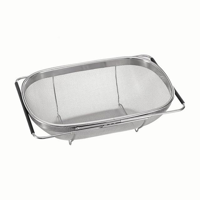 FBERS Over the Sink Colander Strainer Basket Stainless Steel, For Kitchen Sink with Rubber Non-slip Grip, Fine Mesh, Kitchen Multipurpose Gadgets Tools, Free Expansion Contraction (Soft Mesh Slot)