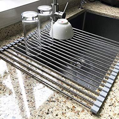 17.7" x 15.5" Large Dish Drying Rack, Attom Tech Home Roll Up Dish Racks Multipurpose Foldable Stainless Steel Over Sink Kitchen Drainer Rack for Cups Fruits Vegetables