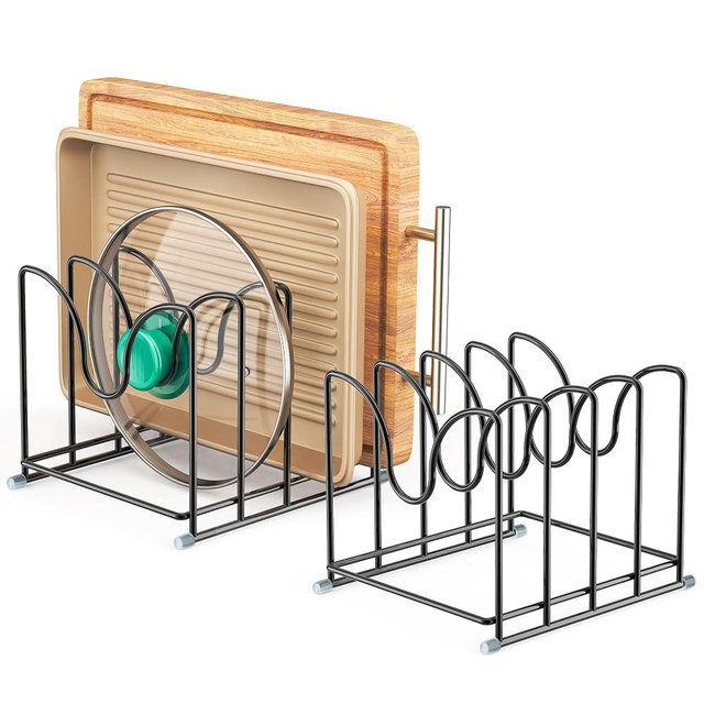 PLUVON Pot Lid Organizer Rack,1.6in Wide Cutting Board Organizer for Pan Lids,Baking Sheets,Cookie Sheets, with 4 Slots,Cutting Board Holder Rack (2PC-Large)