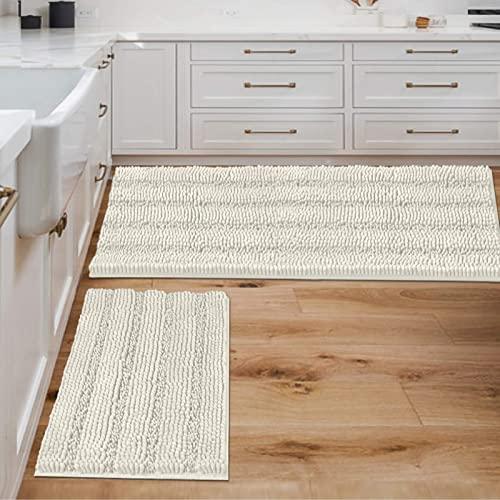 Bathroom Rugs Bath Mats Sets Super Absorbent Chenille Striped Bath Mats Non Skid Machine Wash Dry Rugs for Bathroom Floor Set of 2(Ivory, 47 x 17 Plus 17 x 24 - Inches)