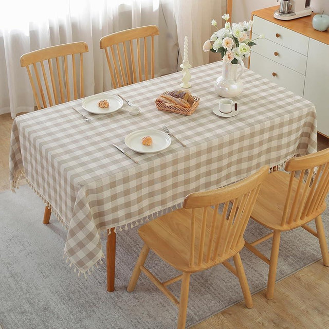 Alsoo Checkered Tablecloth Rectangle Cotton Linen Fabric Gingham Table Cloth Buffalo Plaid Table Cover with Tassel Wrinkle Free Washable for Kitchen Dining Picnic, Beige and Cream, 55X90''