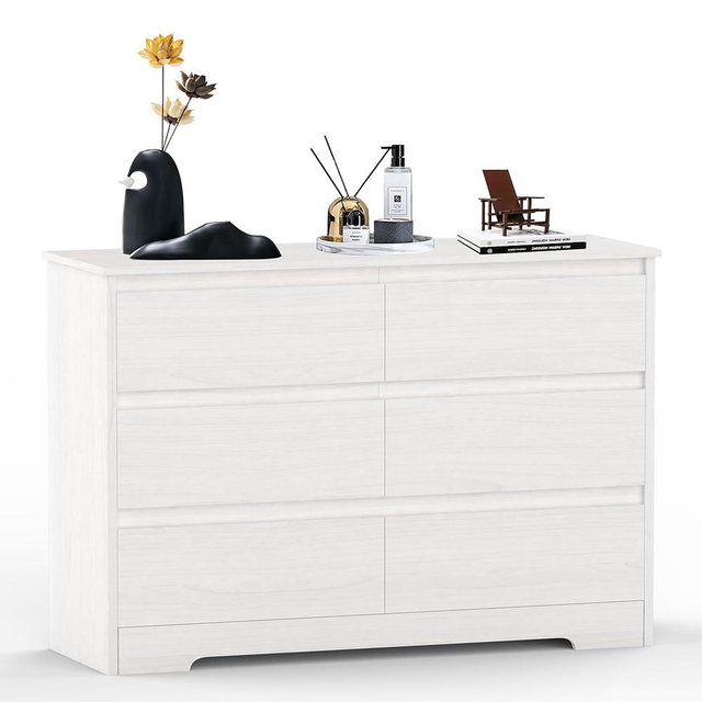 CATMIX Dresser for Bedroom, White Drawer Double Dressers, Wood Modern Drawer Chest of Drawers with Deep Drawers, Wide Storage Organizer Cabinet for Bedroom, Living Room, 6 Drawer Dresser