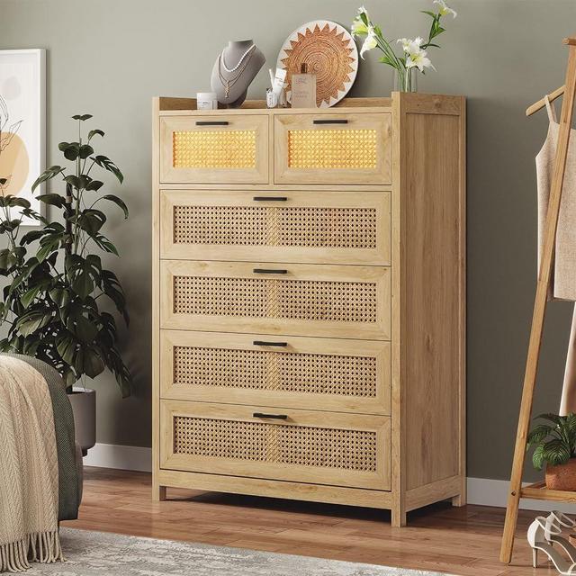 AOGLLATI 6 Drawer Dresser for Bedroom, Natural Rattan Wood Dressers with Led Light, Tall Dressers & Chests of Drawers, Bedroom Closet Dresser for Bedroom, Entryway