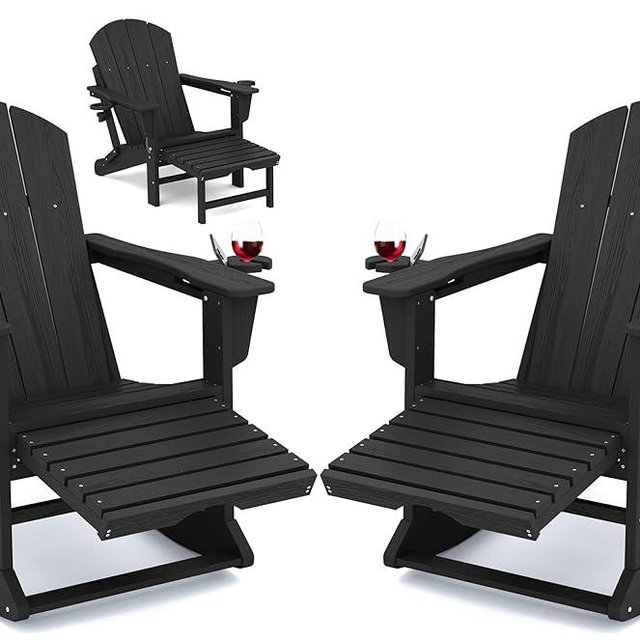 KINGYES Folding Adirondack Rocking Chair Set of 2 with Retractable Ottoman and Cup Holders, 4-in-1 Multifunctional HDPE Adirondack Chair for Porch, Patio, Balcony, Black