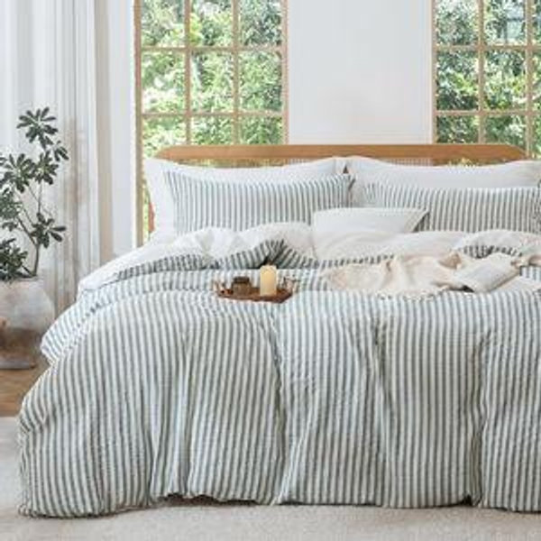MILDLY Jacquard Stripe Duvet Cover - Sage Green 100% Washed Cotton Boho Textured Comforter Cover 3pcs with Zipper Closure 90"x90"