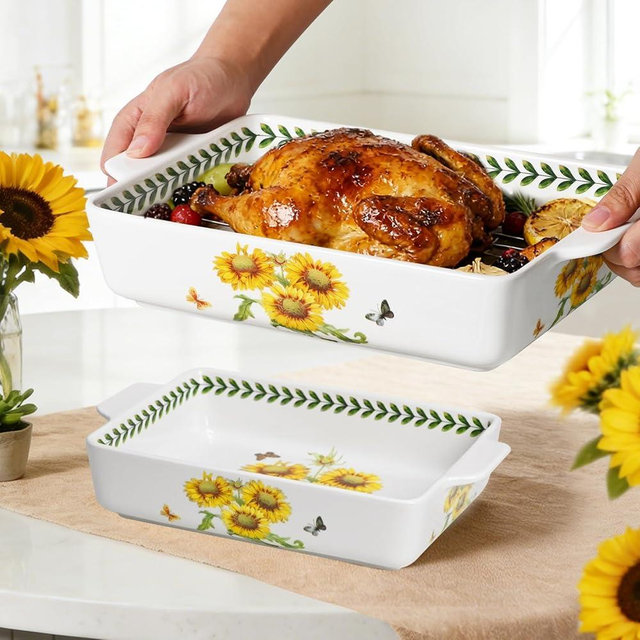 ACMLIFE Ceramic Casserole Dish Set, Ceramic Baking Dish for Oven, Casserole Dish Bakeware Set, Casserole Dishes for Oven, Lasagna Pan, Large Baking Dishes with Handles, Microwave, Dishwasher Safe, Gift Packaging Floral 2 Pcs Set(13"x8"+10.3"x6.3") (Sunflowers)