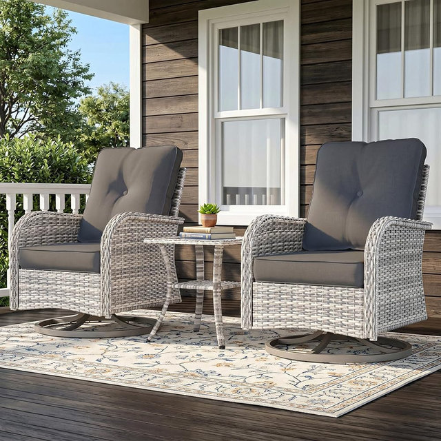 Sweecci 3-Piece Small Patio Furniture Set, Outdoor Swivel Rocking Chairs Set with Wicker Chairs and Tempered Glass Side Table, Outdoor Furniture Patio Bistro Set for Balcony, Deck, Porch