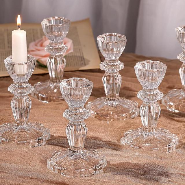 Simeitol Glass Candlestick Holders Set 6PCS, Clear Taper Candle Holders Bulk, Crystal Tall Candle Holder for DIY Wedding, Festival, Party, Valentines Table Decor